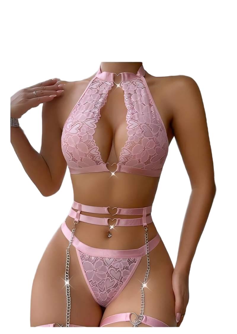 Minimizer Bra Women - セクシーなランジェリーセット、プッシュアップレースガーターランジェリーセット（チョーカー付き）、女性用インナーウェア、アンダーワイヤーブラとTバック、レディース下着セット