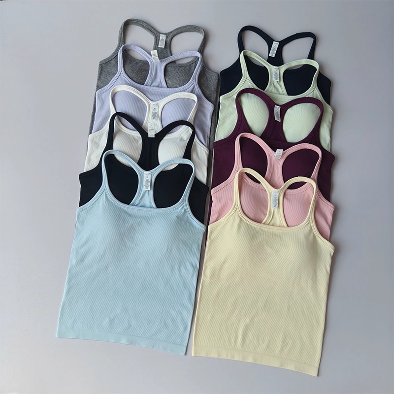 T Shirt Bra Seamless - 夏の女性用ヨガキャミソールスポーツベスト、無地リブタンクトップ、ランニングブラトップ、ワンピースベスト、パッド入りシームレスジムピラティスベスト